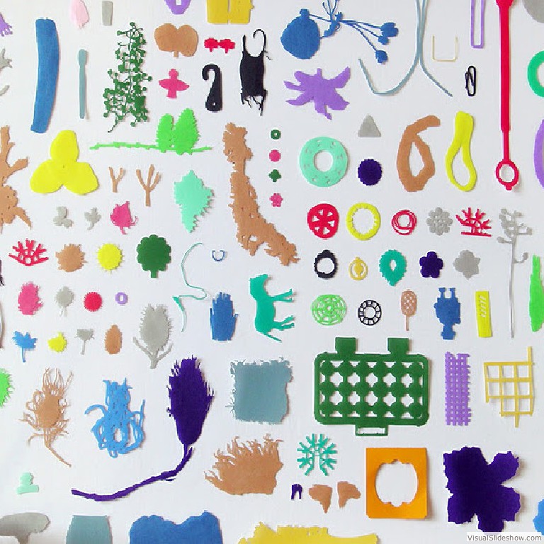 'Miniature Garden' (detail) 2007<br/>‘I collected hundreds of objects from Man-made and natural world. They can be a fragment of plastic toy, a part of artificial flower or real plants and seeds pods from nature. And the shapes are carefully traced/drawn onto paper and cut out from the paper.’